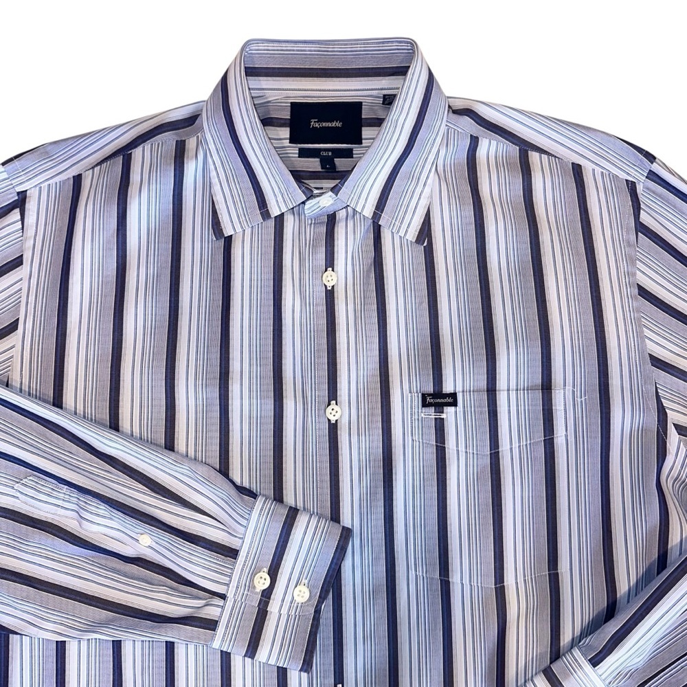 Faconnable Mens Club Shirt Cotton Blue & White Striped Button Up France ~ Size L